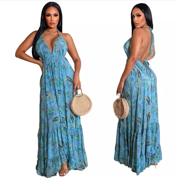 🌸 PAISLEY HALTER DRESS MAXI LONG BOHO CHIC BOHEMIAN SUMMER BLUE FLARE RUFFLE - Picture 3 of 6